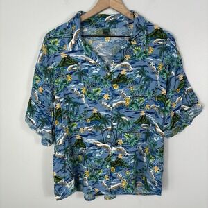Wild Fable Hawaiian‎ Camp Shirt Short Green Blue Moon Water Large Tropical Palm